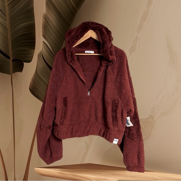 Arizona Jean Co Teddy Cropped Hoodie Jacket Long Sleeves 3/4 Zip Pockets Rust - Picture 8 of 12
